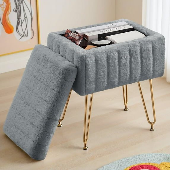Vanity Stool Chair with Storage Space,Faux Fur Ottoman Small Makeup Stool for Dressing Room Bedroom,Gray