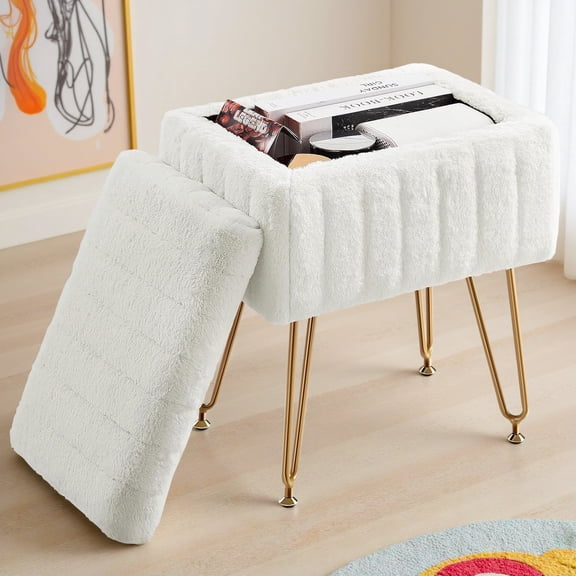 Vanity Stool Chair with Storage Space,Faux Fur Ottoman Small Makeup Stool for Dressing Room Bedroom,White