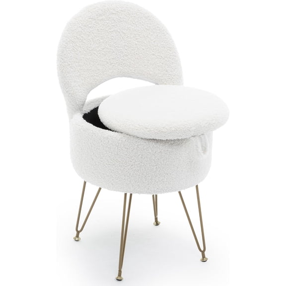 Vanity Stool Chair with Storage and Folding Back, Faux Fur Soft Round Ottoman, White