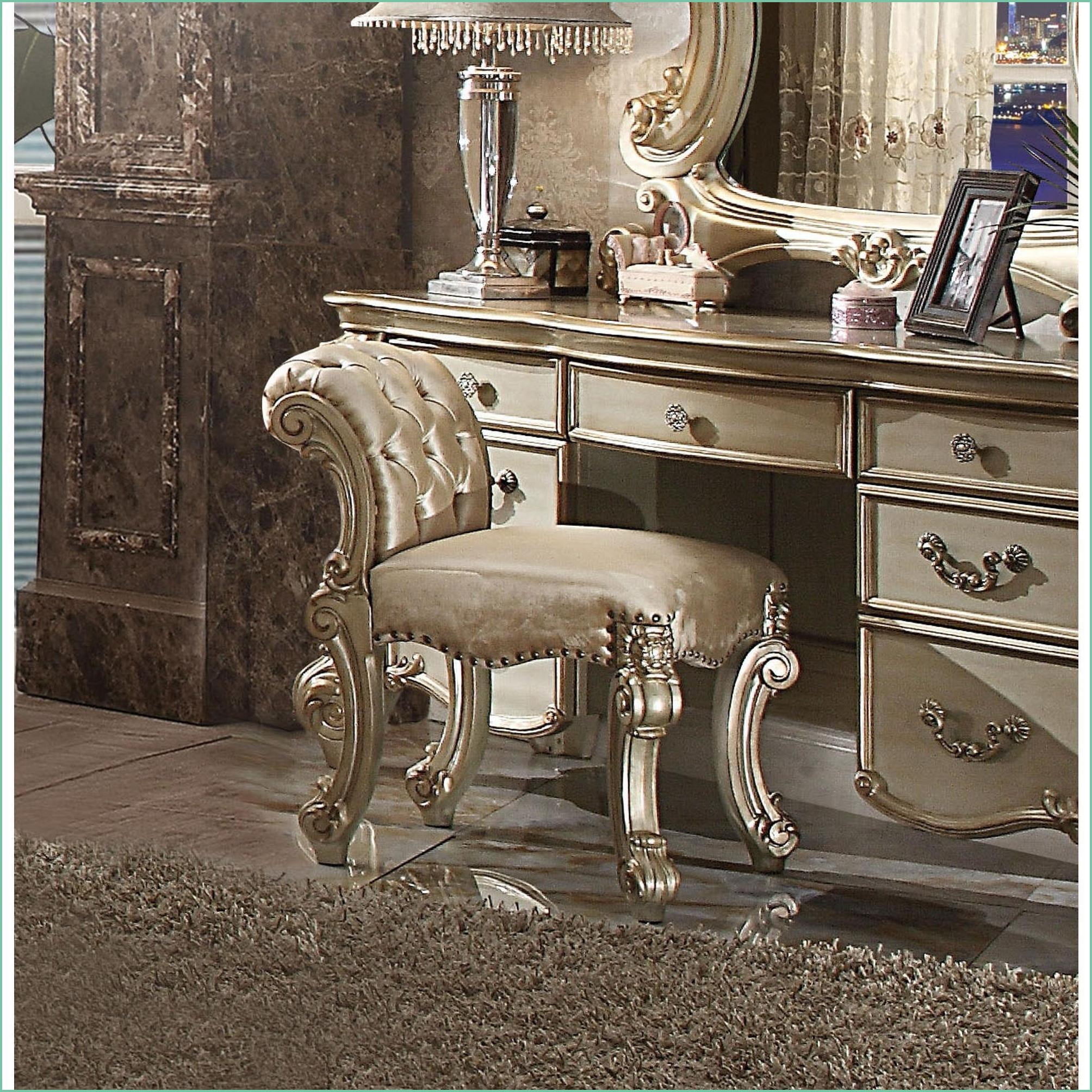 Vanity Stool, Classic Vintage Gold Patina Fabric Bone Finish with