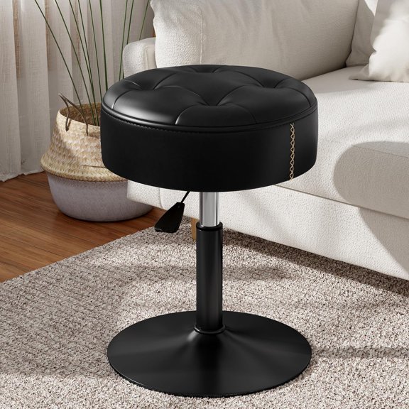 Vanity Stool with High-Density Non-Sagging Foam & Metal Base, Vanity Chair for Makeup Room, Height Adjustable 360 Swivel Ottoman, Black PU Leather Makeup Chair for Bedroom, Bathroom