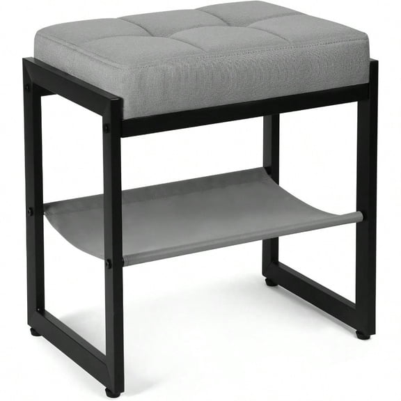 Vanity Stool Linen Fabric Footstool Bench With Storage Shelf Makeup Dressing Stool For Dressing Table Living Room Bedroom GreyBlack