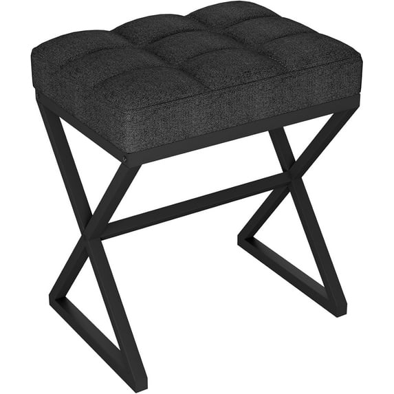 Vanity Stool, Linen Footrest Stool, Ottoman Bench with X-Shaped Metal Legs, Makeup Dressing Stool for Vanity, Living Room, Bedroom, Entryway, Hallways 15.74" D×11.81" W×18.11" H Black UHBD033B