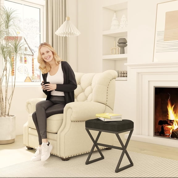 Vanity Stool, Linen Footrest Stool, Ottoman Bench with X-Shaped Metal Legs, Makeup Dressing Stool for Vanity, Living Room, Bedroom, Entryway, Hallways 15.74" D×11." W×18.11" H Black UHBD033B