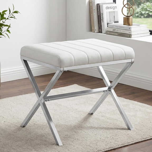 Vanity Stool,Modern PU Leather Ottoman Stool Chair for Vanity Bench with Metal X Legs, Rectangle Makeup Stools Padded Foot Rest Ottoman for Makeup Room, Living Room, Bathroom,White