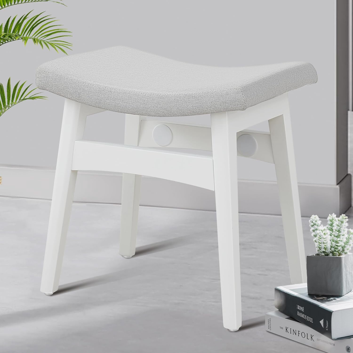 DUOMAY Modern Linen Vanity Stool - Low Back Ottoman With Solid Wood Legs, Beige, 22.5"H X 19.25"D