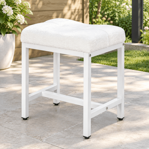 Vanity Stool, Saddle Seat Makeup Stool Chair with Metal Leg, U-Shaped Teddy Velvet Ottoman Foot Rest Stool, Small Square Chairs Under Desk for Vanity, Modern Makeup Bench White