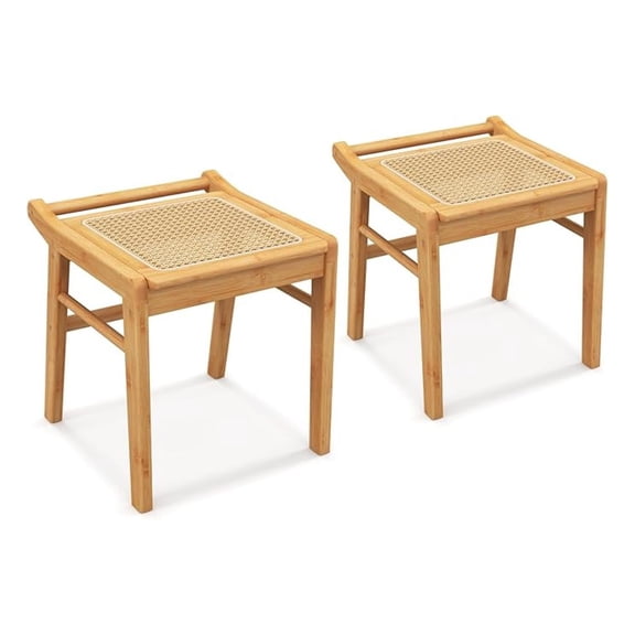 Vanity Stool Set of 2, Bamboo Ottoman Foot Rest with Rattan Seat, Anti-Slip Foot Pads, Makeup Vanity Chair for Bedroom Living Room Entryway, Capacity 265lbs, 15" x 16" x 17"
