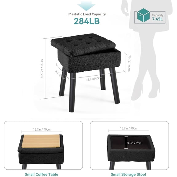 Vanity Stool, Sherpa Vanity Stool Chair with Storage, Rectangle Makeup Chair Soft Padded Seat with Legs for Bedroom (Black)