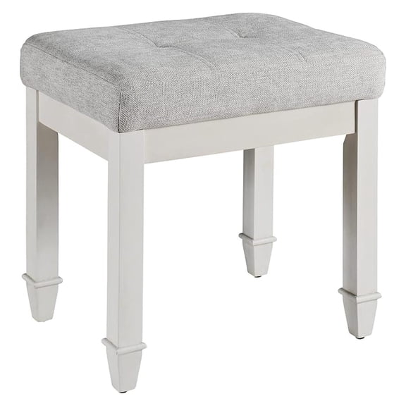 Vanity Stool with Solid Wood Leg, Makeup Dressing with Fabric Upholstered Seat, Piano Stools, Child Stool,Easy Assembly for Bedroom, Antique White Leg & Light Gray Surface FD2405LG