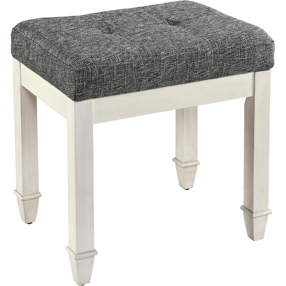 Vanity Stool with Solid Wood Leg, Makeup Dressing with Fabric Upholstered Seat, Piano Stools, Children Stool,Easy Assembly for Bedroom, Antique White Leg & Dark Gray Surface FD2405DG