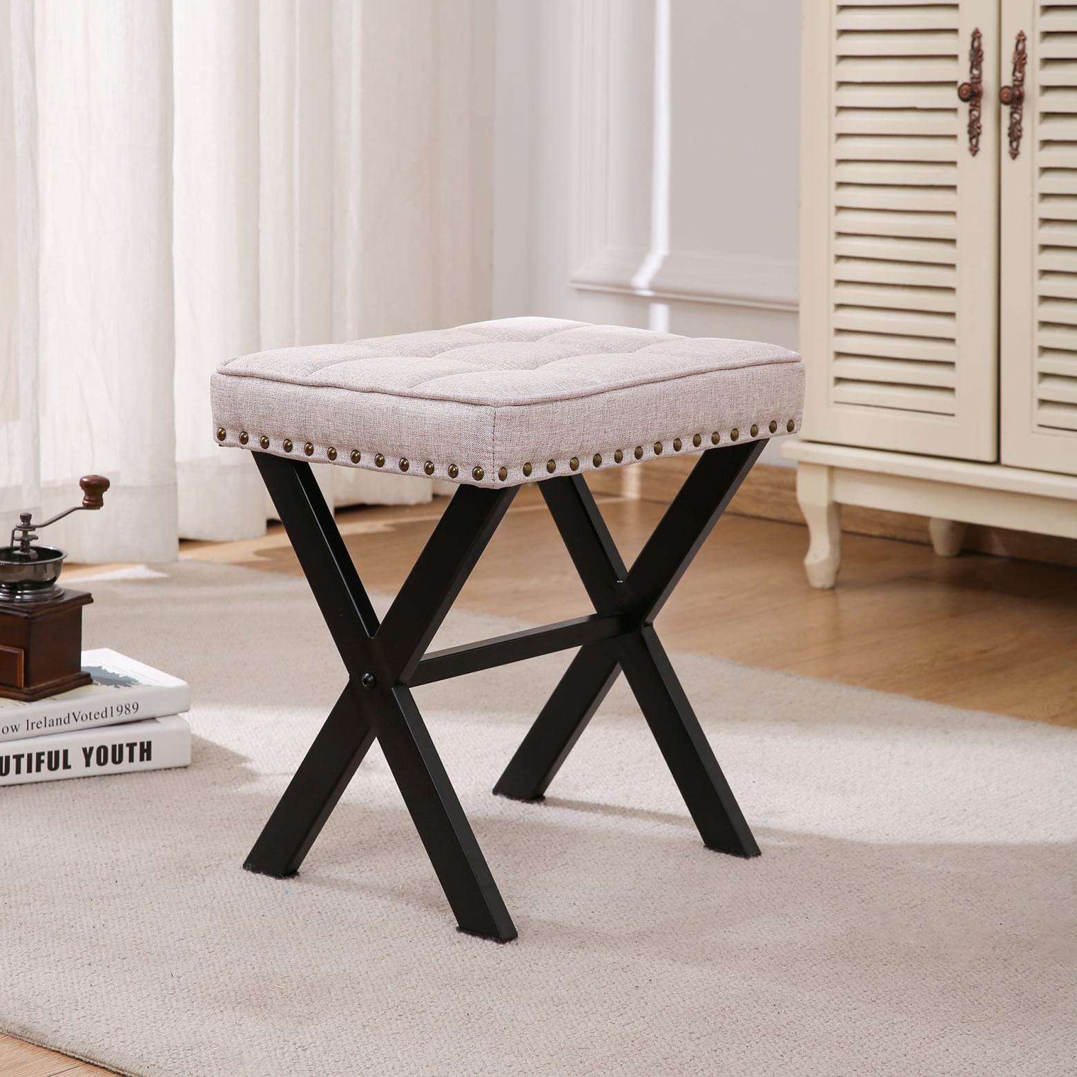 Vanity Stool, Square Fabric Makeup Stool with Metal X Legs, Ottoman