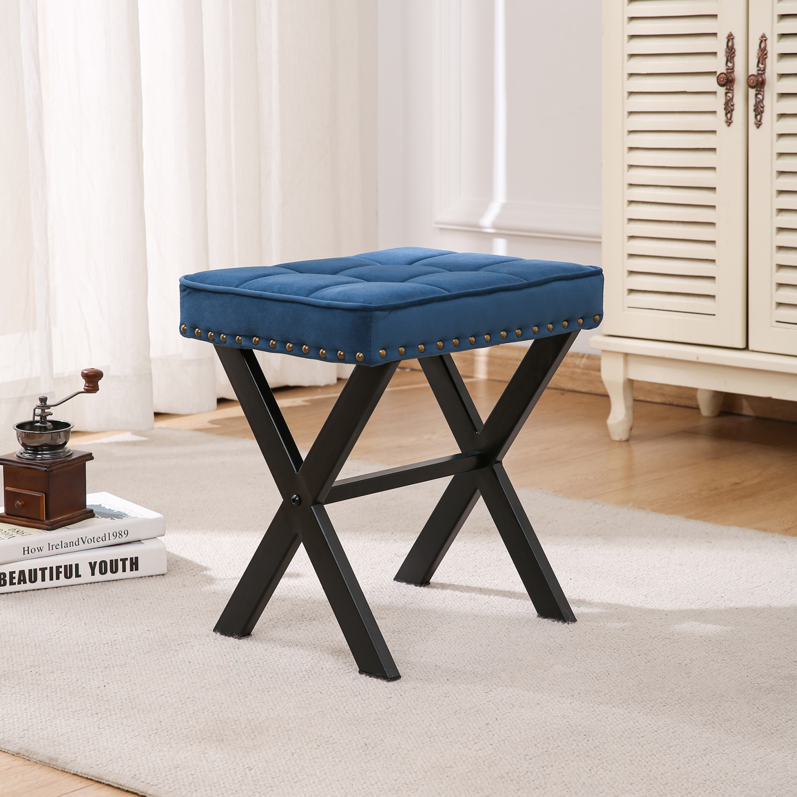 Vanity Stool, Square Fabric Makeup Stool with Metal X Legs, Ottoman