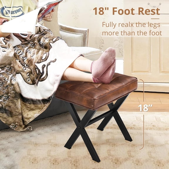 Vanity Stool, Square Faux Leather Makeup Stool with Metal X Legs, Small Ottoman Stool Chair for Vanity, Modern Padded Vanity Seat Foot Rest Stool for Makeup Room, Living Room, Reddish Brown