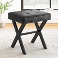 thumbnail image 1 of Vanity Stool - Square Faux Leather Makeup Seat With Metal X Legs, Small Ottoman Chair for Makeup Room, Living Room - Modern Padded Foot Rest, Black, 1 of 17