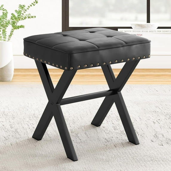 Vanity Stool - Square Faux Leather Makeup Seat With Metal X Legs, Small Ottoman Chair for Makeup Room, Living Room - Modern Padded Foot Rest, Black