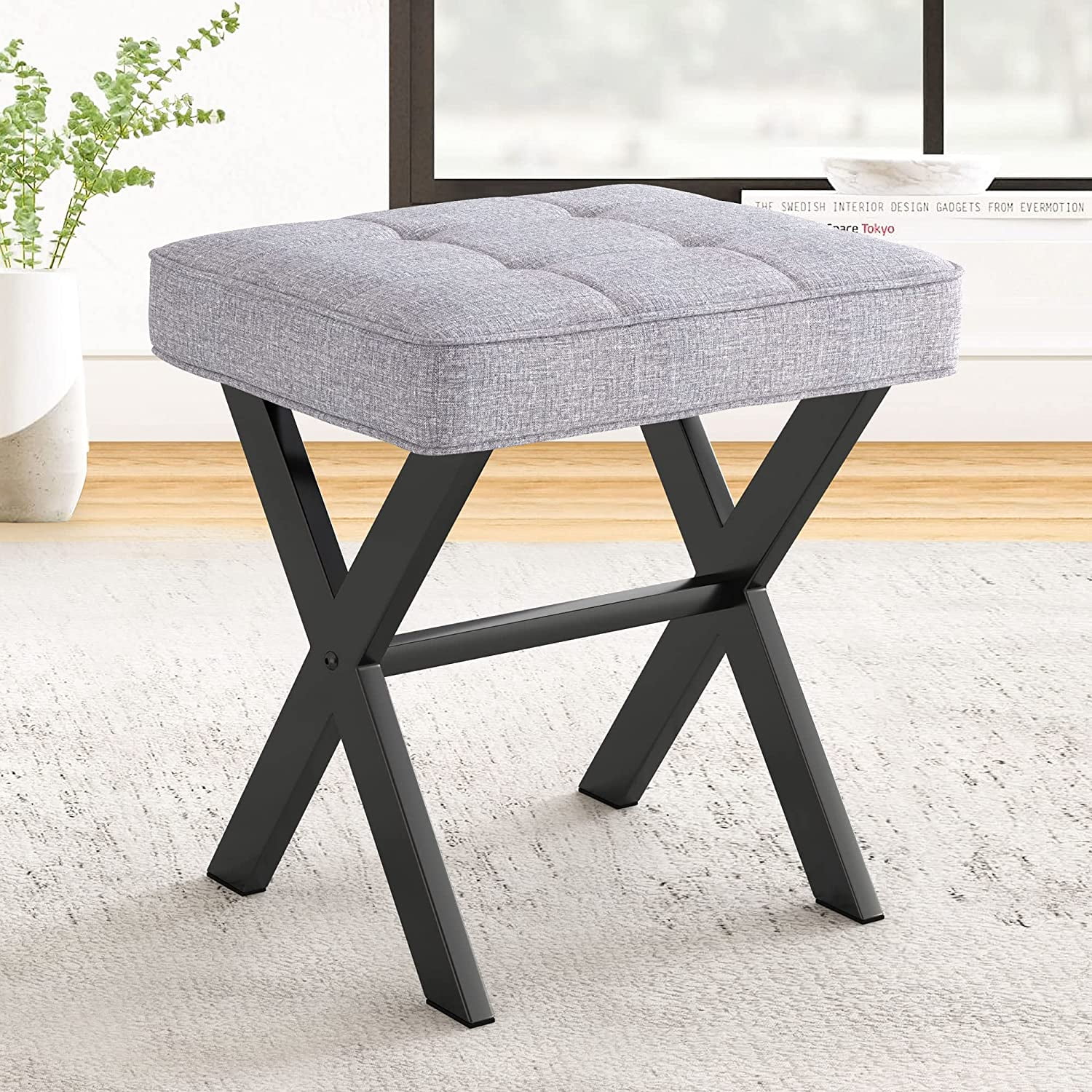 Vanity Stool Square Linen Makeup Stool with Metal X Legs Small Ottoman Stool Chair for Vanity Modern Padded Vanity Seat Foot Rest Stool for Makeup Room Living Room Bathroom Dark Gray