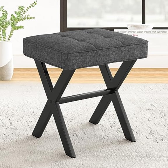 Vanity Stool, Square Makeup Stool with Metal X Legs, Small Ottoman Stool Chair for Vanity, Modern Padded Vanity Seat Feet Rest Stool for Makeup Room, Living Room, Bathroom