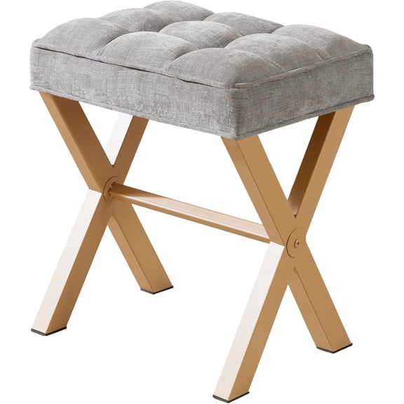 Vanity Stool,Square Ottoman Stool Foot Rest,Upholstered Vanity Chair Foot Stool with Metal X Legs, Small Vanity seat for Entryway,Bedroom and Living Room,Light Grey+Yellow