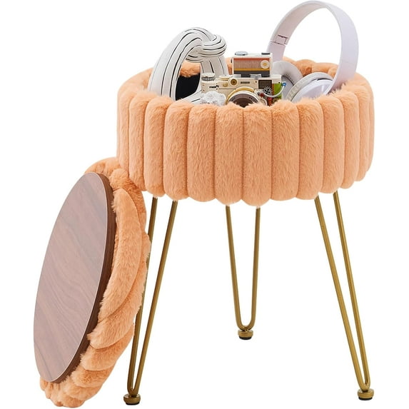 Vanity Stool with Storage, Faux Fur Ottoman Chair with Metal Legs, Round Makeup Vanity Chair for Bedroom or Dressing Table, Modern Small Ottoman Seat (Orange)