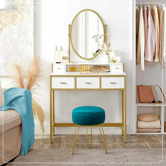 Vanity Stool Teal Velvet Round Ottoman Footrest with Gold Metal for Makeup Room Bedroom Living Room