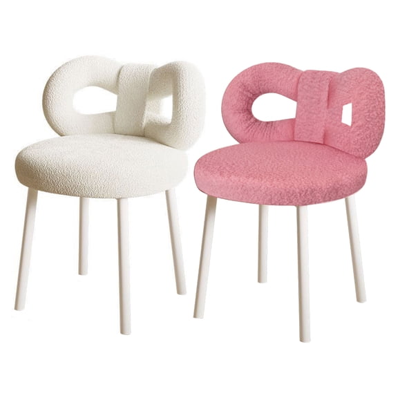 Vanity Stool with Bowknot Backrest, Sheepskin Accent Chair for Bedroom, Modern Cream Style Makeup Stool, Armless Dressing Chair for Girls Women