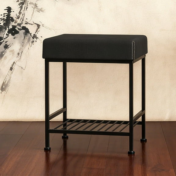 Vanity Stool with Storage, 19 Inch Faux Leather Ottoman Foot Rest Stool, Makeup Stool with Metal Legs for Bedroom, Living Room, Bathroom, Black