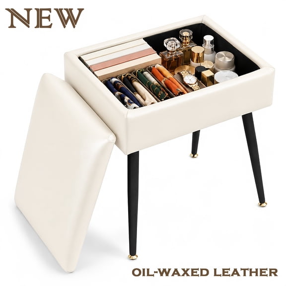 Vanity Stool with Storage Drawer & 4 Gold Metal Legs, Makeup Bench Ottoman for Bedroom Living Room Study Decor Cosmetic Organizer Seat