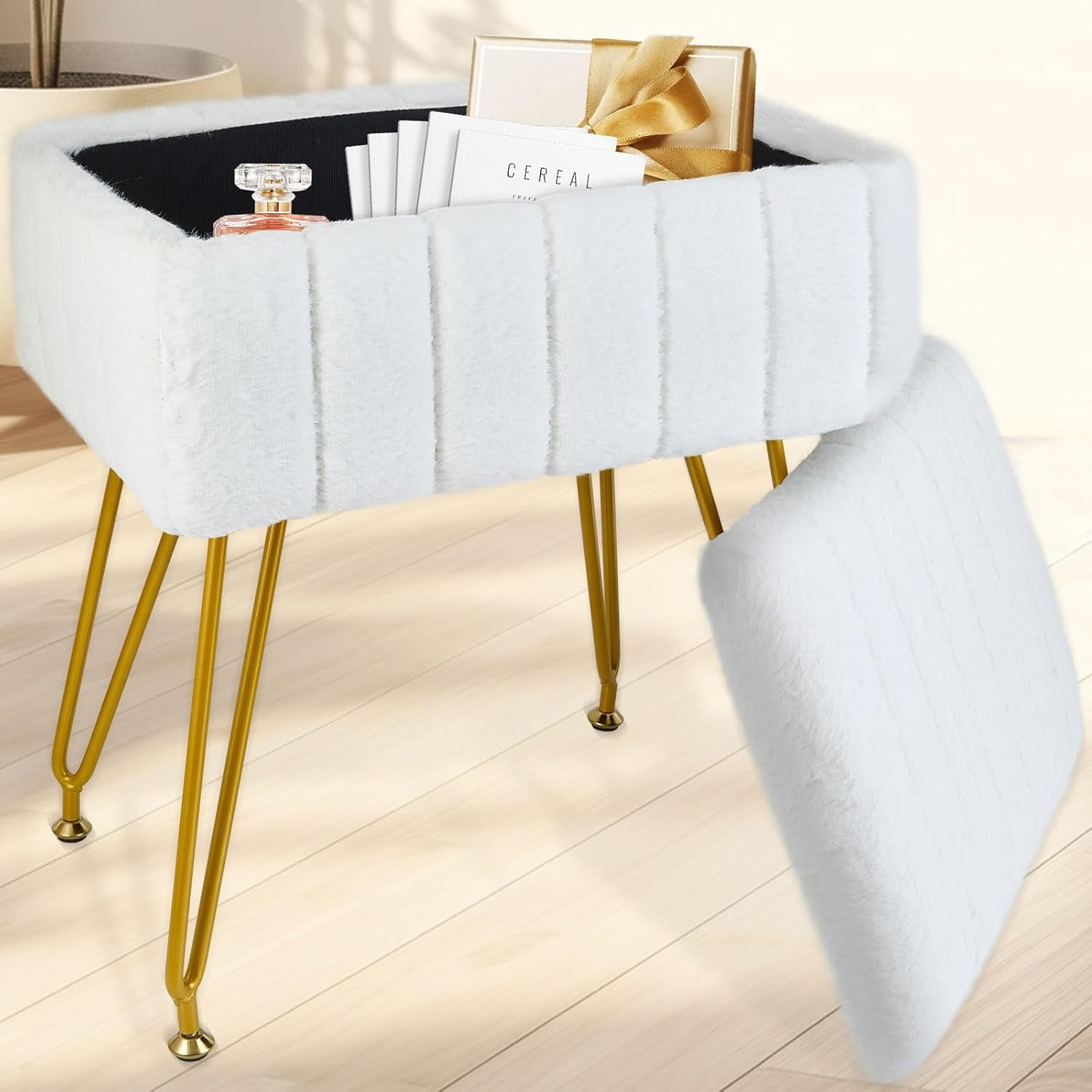 Vanity Stool with Storage, Faux Fur Makeup Stool with Metal Legs ...