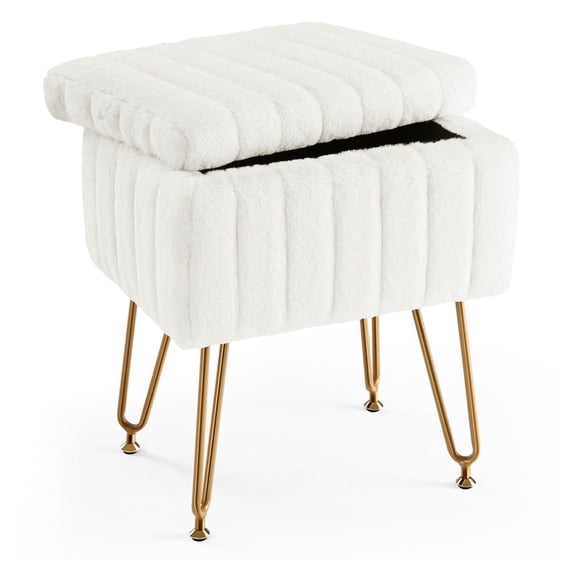 Vanity Stool with Storage, Faux Fur Ottoman, Makeup Footstool with Metal Legs - Adjustable Height, Modern Bedroom Seat