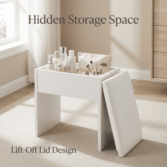 Vanity Stool with Storage - White Upholstered Ottoman Bench with Hidden Compartment, Lift-Top Storage Stool for Makeup Room & Bedroom