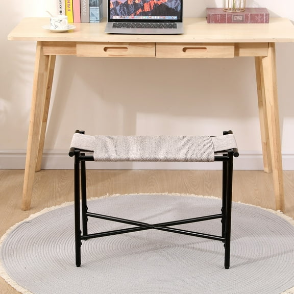 Vanity Stools,Handwoven Paper Rope Ottoman,Vanity Chairs Footrest Stools for Entryway, Living Room, Bedroom,Gray