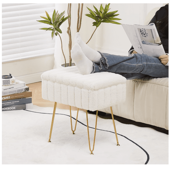 Vanity Stools with Metal Legs, 16.5" x 11.8" x 18" Modern Faux Mink Fur Footstool, Makeup Chair with Anti-Slip Feet, Accent Table,Footrest,Storage Bench for Bedroom