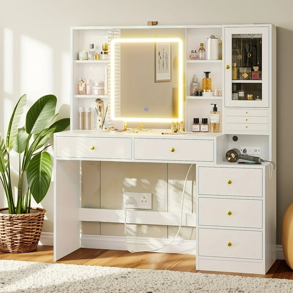 Vanity Table with 5 Drawers & Shelves & 8 Necklace Hooks ,Makeup Vanity with Sliding Mirror and Lights,with Charging Station & 3-Layer Jewelry Box,White Vintage Vanity Desk