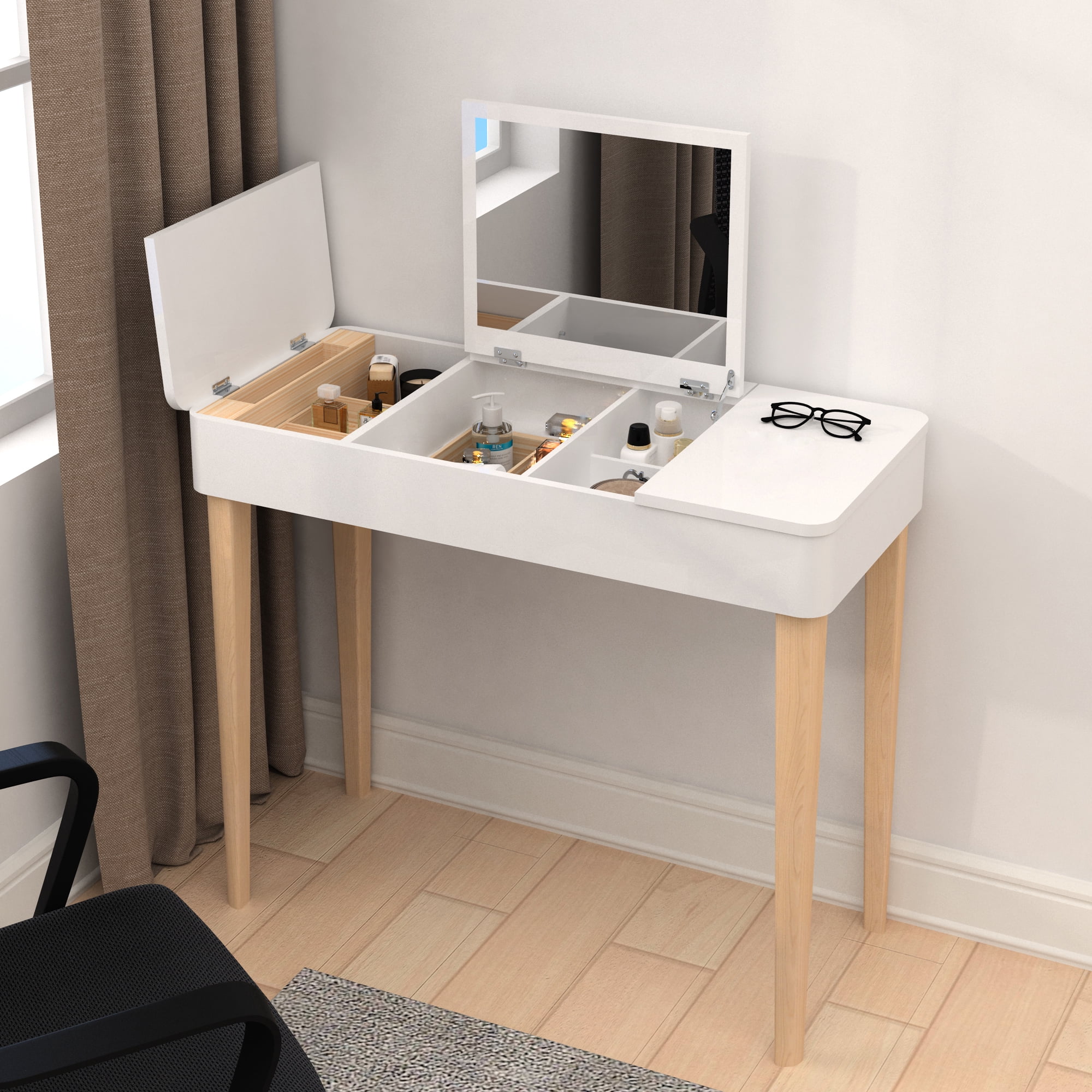 Vanity Table with Flip Top Mirror Wooden Makeup Dressing Table Flip Top Makeup Vanity Table With Double Door Compartment Writing Desk Dresser Vanity Table for Bedroom Bathroom Walmart