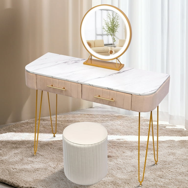 Corner Vanity Set with Lighted Mirror, Makeup Dressing Table with Drawers, Cabinet and Cushioned Stool, Girls Vanity Desk for Bedroom(White)