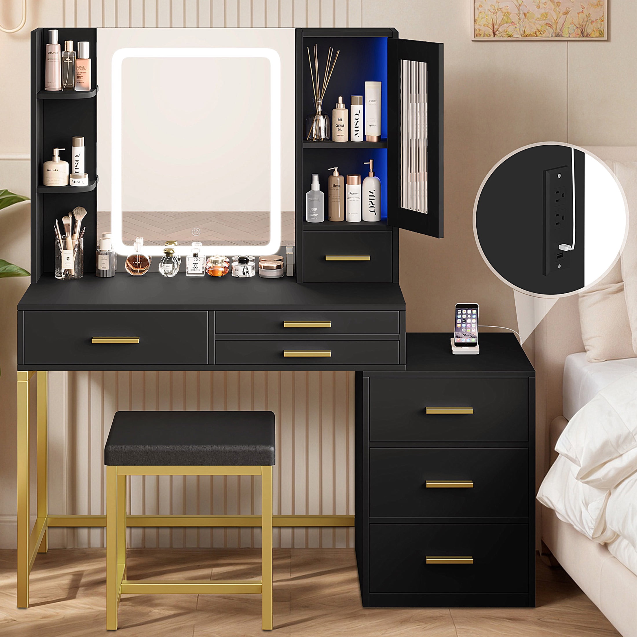 HSUNNS Vanity Desk with Adjustable LED Lights, 3 Drawers, Storage Cabinet, Black - Walmart.com