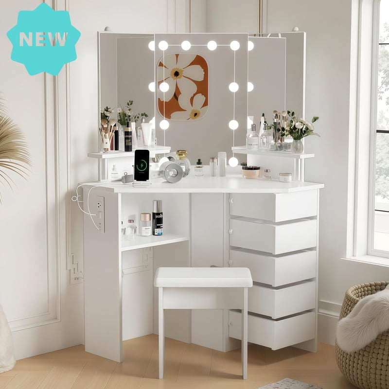 Ladies Table Vanity Table with LED Tri-Fold Mirror, 5 Rotating Drawers, Built-In ...