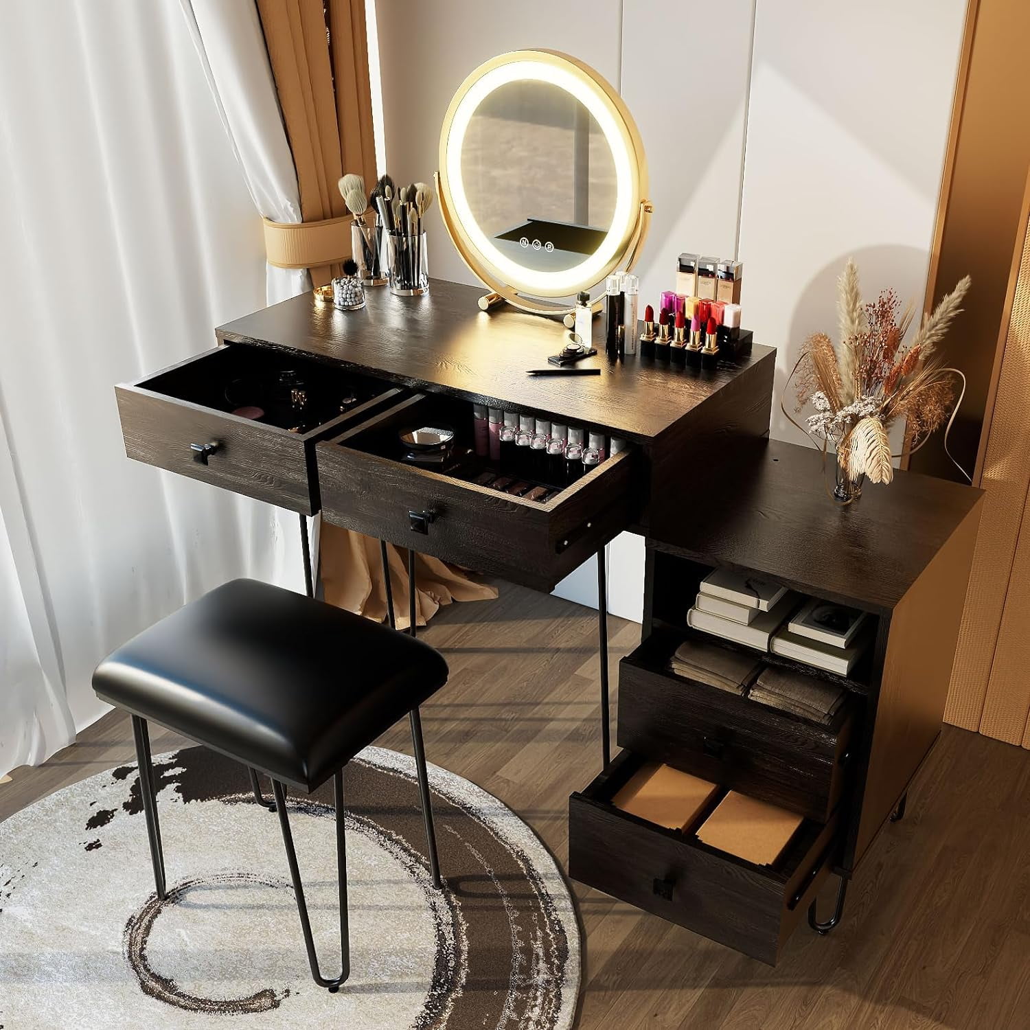Vanity Table, Lighted Mirror Large Drawer Chest 3Color Intelligent