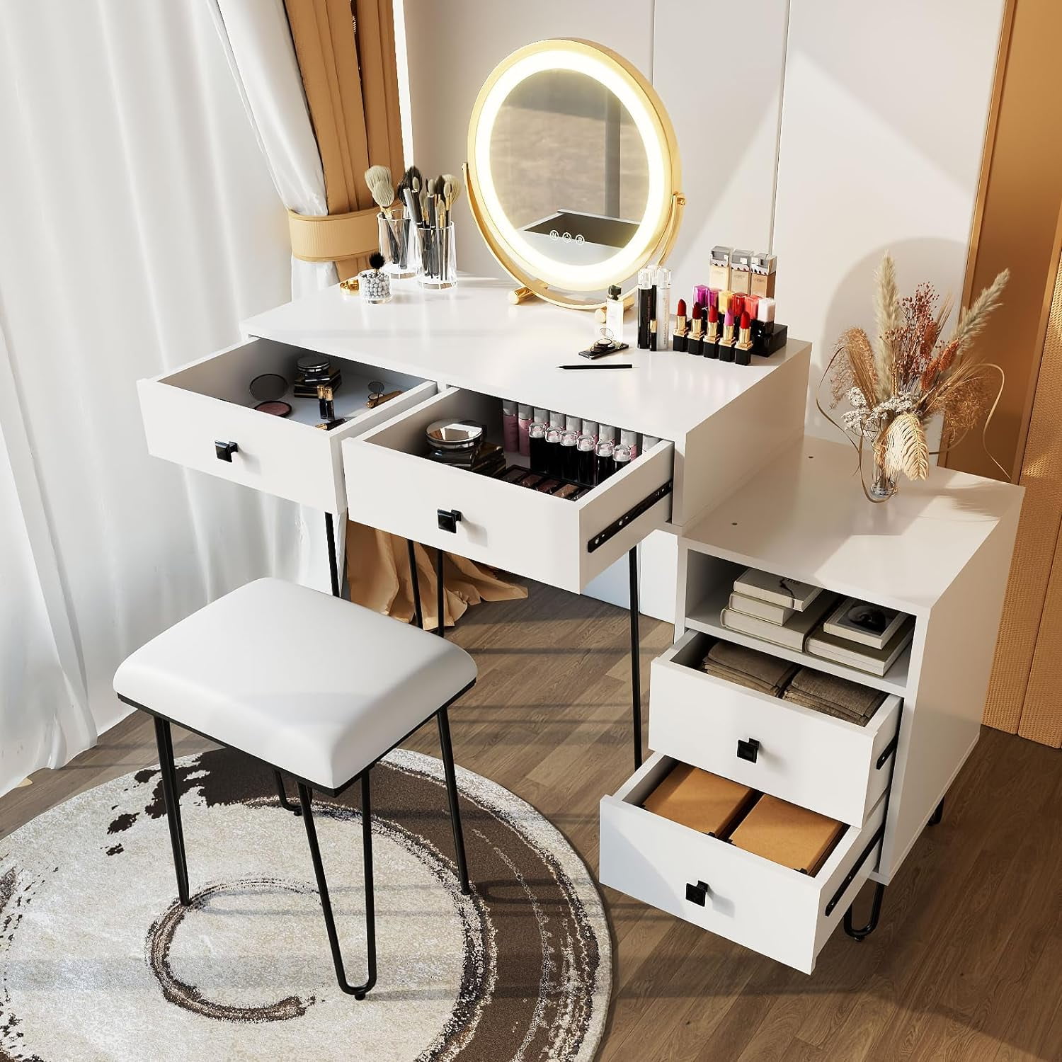 Vanity Table, Lighted Mirror Large Drawer Chest 3Color Intelligent