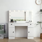 Vanity Table with Lighted Mirror, ONE PIX Vanity Desk with 3 Drawers and Storage Cabinet, Dressing Table with 3 Color Lighting Modes Adjustable Brightness, White