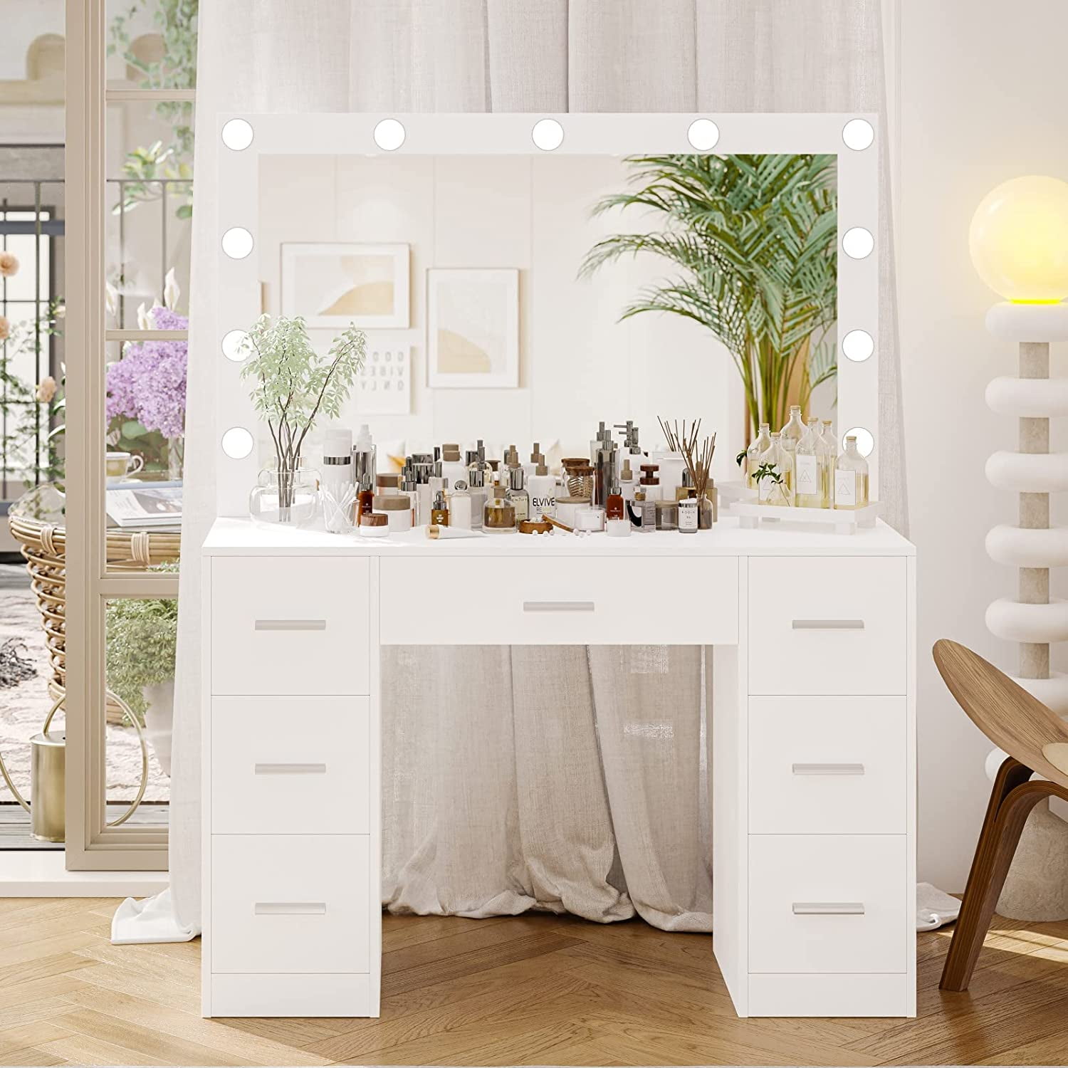 Vanity Table, Makeup Table with Lighted Mirror, 3 Color Lighting Modes 