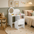 thumbnail image 1 of Vanity Table with Mirror and Chair, White Wooden Dressing Makeup Desk with Storage Shelves, Study Activity Table for , Playroom Bedroom Furniture, Small Vanity Set for Room, 1 of 21