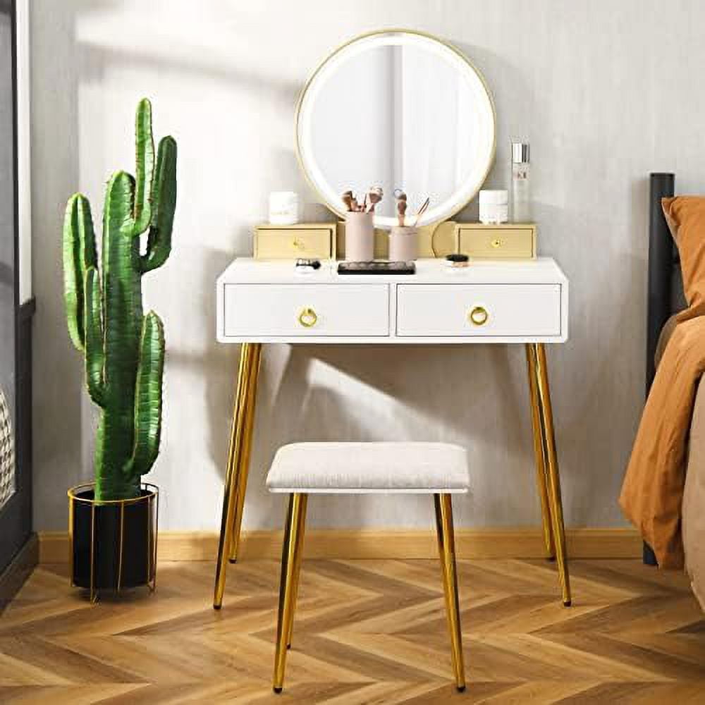Vanity Table Set with 3 Color Dimming Lighted Mirror Dressing Table with 4 Drawers and Jewelry ...