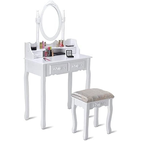 Vanity Table Set with 360 Rotatable Mirror, White Multifunctional Dressing Table w/Cushioned Stool, Makeup Organizer Dresser w/Mirror & 4 Drawers, Modern Bedroom Vanities Set
