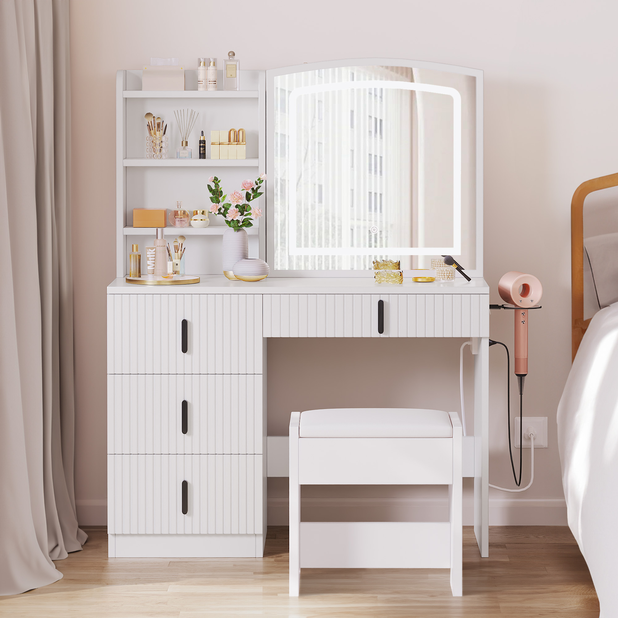 Vanity Table Set with LED Lighted Mirror & Stool, Dressing Table with