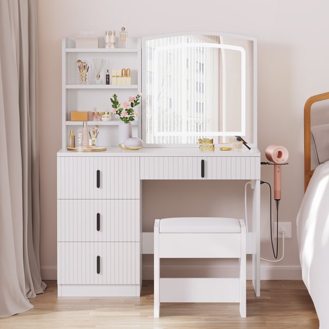 Vanity Table Set with LED Lighted Mirror & Stool, Dressing Table with