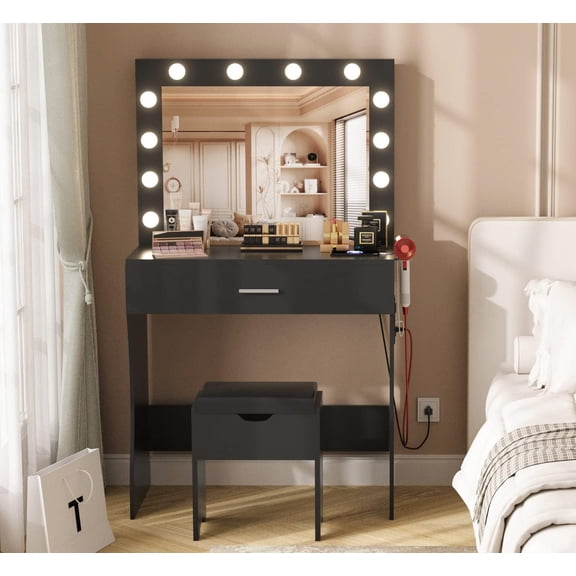 Vanity Table Set with Lighted Mirror - Makeup Vanity with Charging Station, Large Drawer Sturdy Wood Vanity with Lights, 3 Color Modes, Adjustable BrightnessBlack