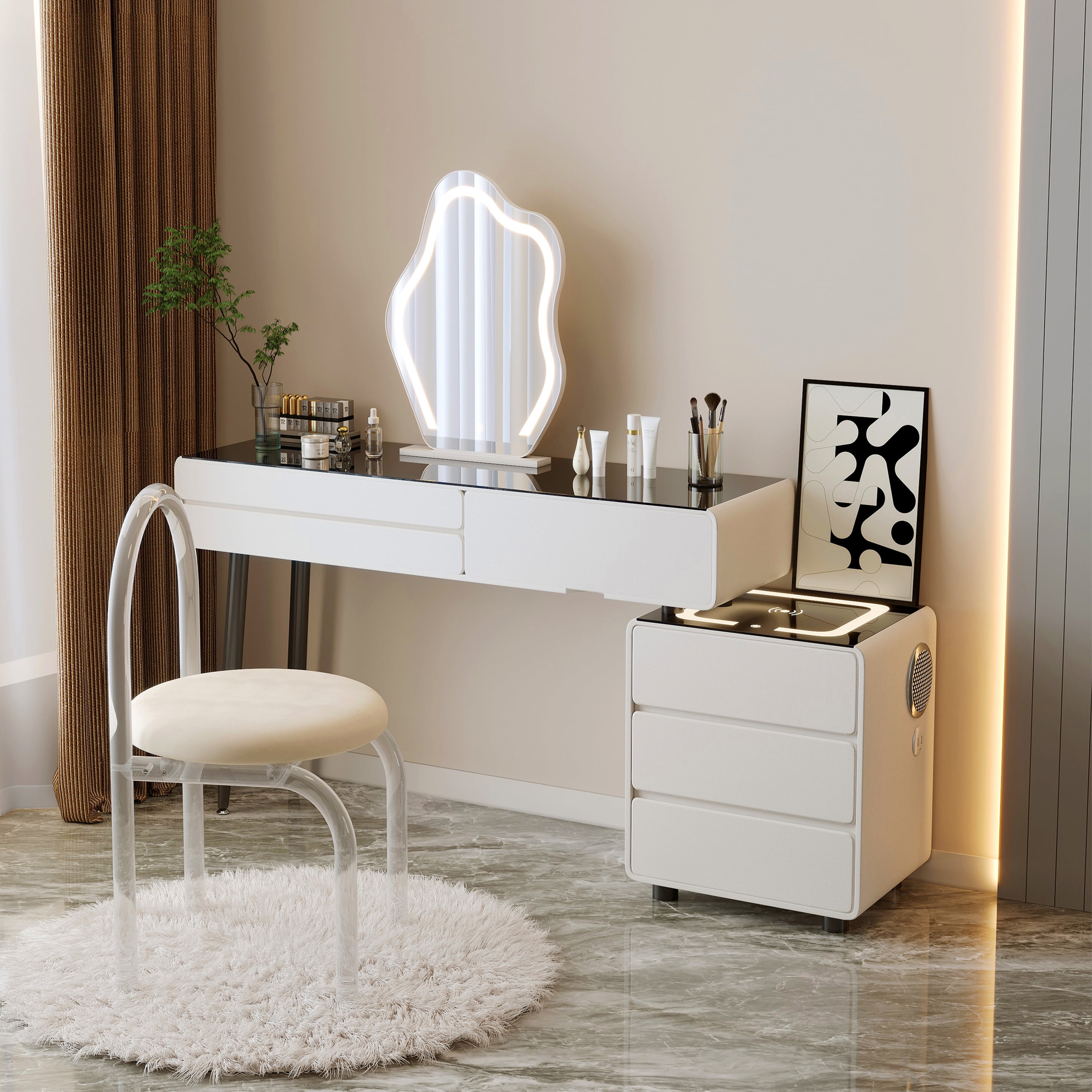 Vanity Table SetMakeup Vanity Desk with Glass Top,Makeup Table with