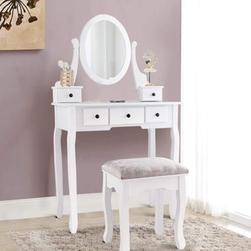 Vanity Table Set with Mirror and Drawer, White Bedroom Dressing Table w/Padded Stool, Makeup Organizer Table w/360 Degree Rotatable Mirror, Multifunctional Modern Vanities Set